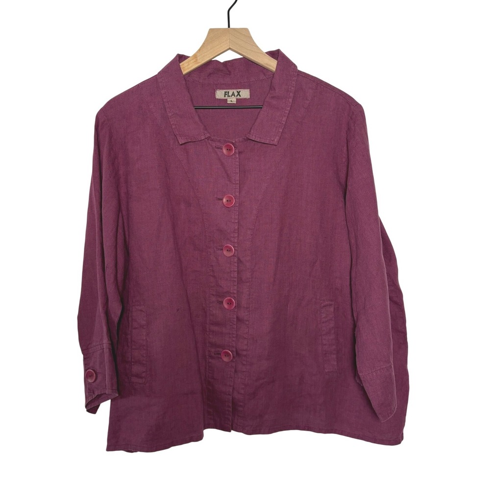 FLAX Linen Button Down Jacket Magenta Boho Lagenlook 100% Linen Large